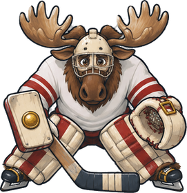 The Goalie Moose, in a goalie's mask and pads, stick in hand