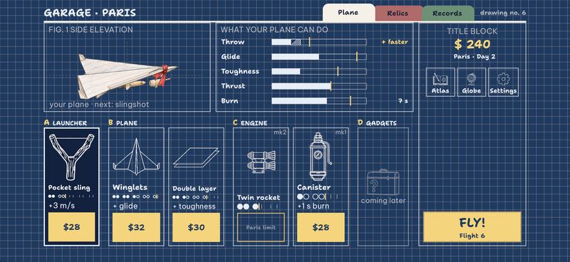 The garage drawn as a blueprint: the paper plane's elevation, its stats, and cards for launcher, wings and engine