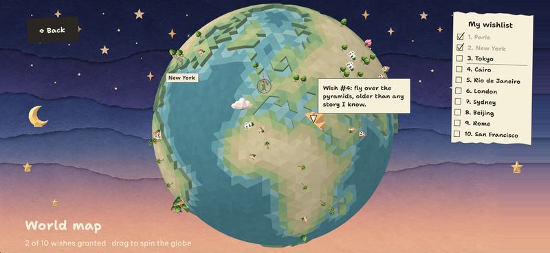 The boy's globe under a night sky, with a handwritten wishlist of cities beside it