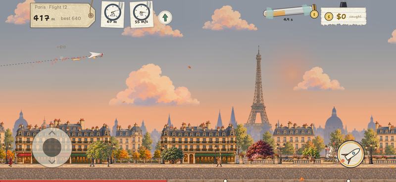 A paper plane trails sparks over the rooftops of Paris at sunset, the Eiffel Tower ahead
