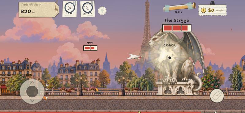 The paper plane strikes the Stryge in its arena above Paris, a CRACK on the stone wing