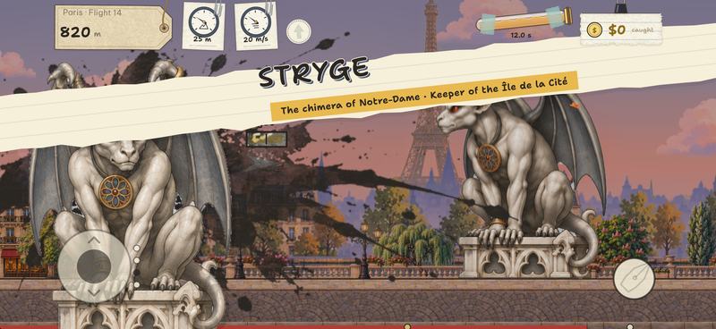 An ink-splashed banner names the Stryge, the chimera of Notre-Dame, as the stone keeper wakes on its perch