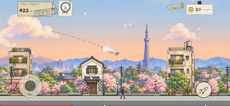 The paper plane glides through cherry blossom over a Tokyo street, the Skytree and Mount Fuji behind