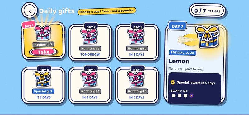 The Daily gifts board: seven gift boxes on day cards, with Take on the first and a special look on Day 7