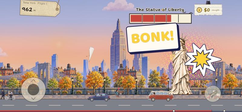 A paper plane hits the Statue of Liberty over New York, with BONK! in a yellow card and a burst beside her