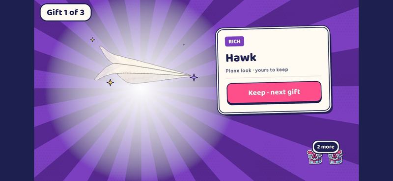 A gift reveal in a purple burst: the Hawk plane look, a Rich gift, with Keep and next gift