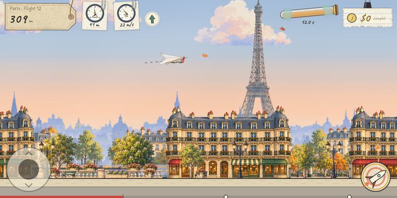 The paper plane in flight over Paris at sunset, the Eiffel Tower ahead, with distance, altitude and speed gauges along the top