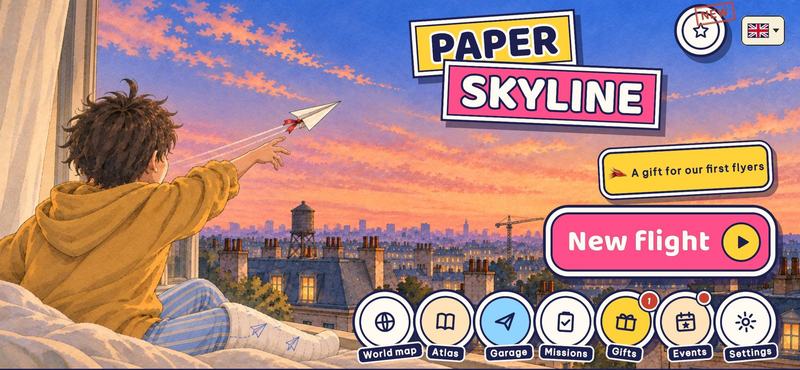 The title screen over Paris at sunset: a boy at his window throws a paper plane, with a pink New flight button and round icons below
