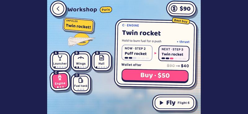 The Workshop: part icons on the left, the Twin rocket engine card with its next step, stats and a pink Buy button